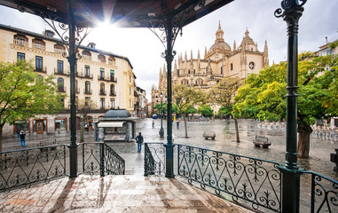 Plaza Mayor with Catedral de Santa Maria in Segovia, Spain