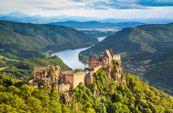 Landscape with old castle and Danube river in Wachau, Austria