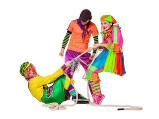 Three smiling clowns