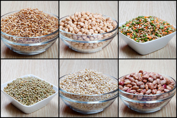 Six bowls with vegetables and legumes