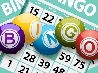 bingo balls on a card background - obrazy, fototapety, plakaty