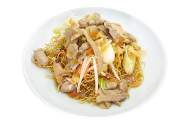 Chinese style deep fried yellow noodles with pork