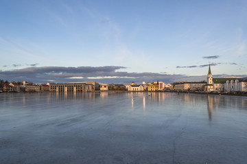 View of frozen lake Tjornin in Reykjavik , Iceland