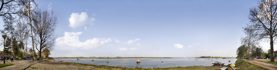 Panoramic 180° View of Zemun Promenade on Danube River With War