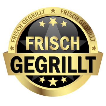 Button mit Banner " FRISCH GEGRILLT "