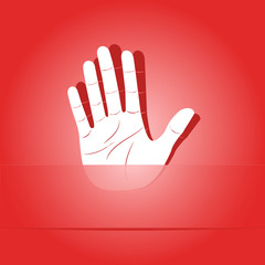 Stop hand. Paper sticker. Vector illustration.