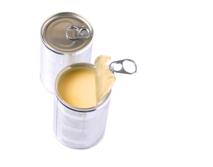 Condensed milk in tin cans over white background