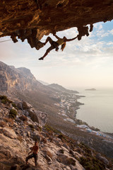 Rock climbers at sunset, Kalymnos Island, Greece