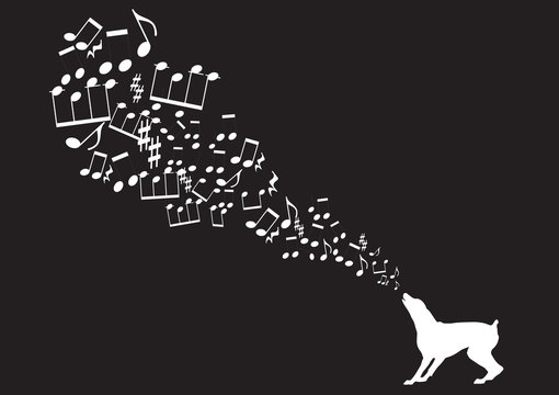 music notes takes off from dog's mouth on black background