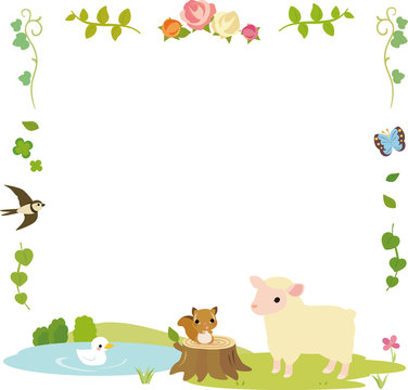 森の草花と動物のフレーム