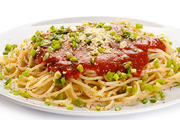 Pasta with tomato sauce, parmesan and vegetables