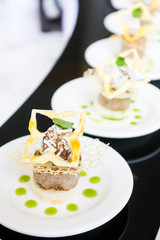 Chocolate dessert on the plate for serving