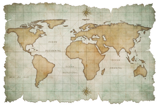 aged world map isolated on white