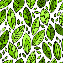 Green fresh leaves doodles on white seamless pattern, vector