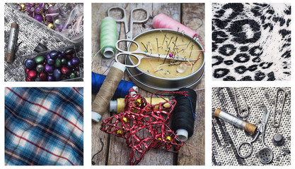 collage with sewing supplies and samples of fabric