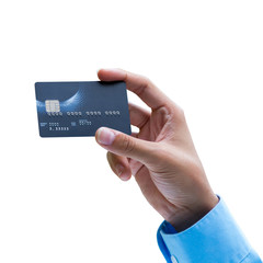 Closeup of hand holding credit card over white background, ready