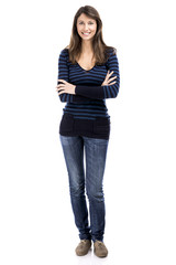 Obraz premium Beautiful and happy woman smiling over a white background