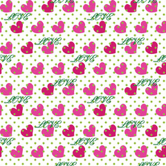 Heart with polka dot and word love.Seamless pattern.Vector