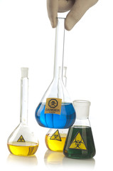 Glass laboratory equipment with symbol biohazard and danger