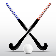 Two sticks for field hockey and ball on a white background