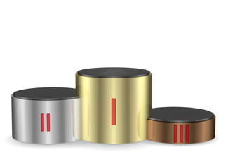 Cylindrical pedestal of gold, silver and bronze. Front view