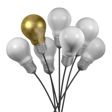 Bouquet of many white light bulbs and a golden one with cap