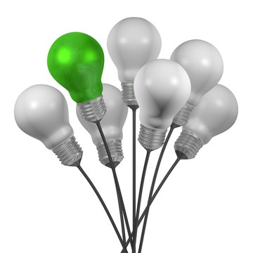 Bouquet of many white light bulbs and a green one