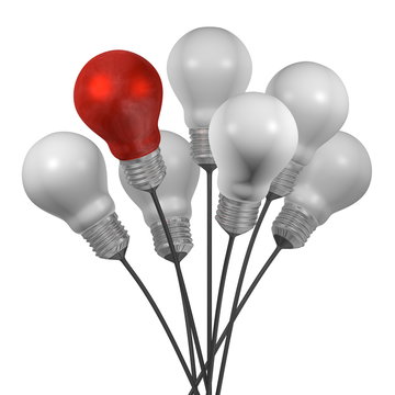 Bouquet of many white light bulbs and a red one