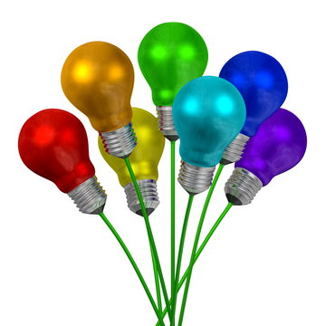 Bouquet of light bulbs of different colors on green wires