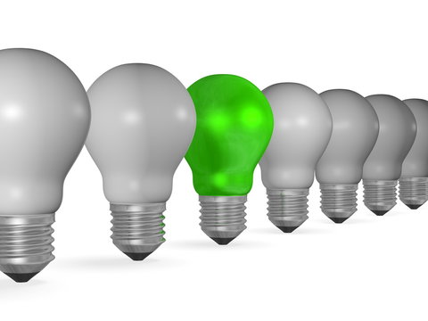 One green light bulb in row of many grey ones isolated on white