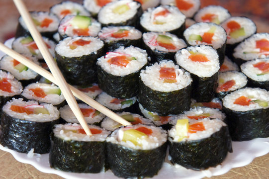 Traditional fresh japanese sushi rolls, shallow depth of field
