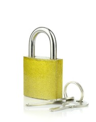 A golden coloured padlock with keys on a white background