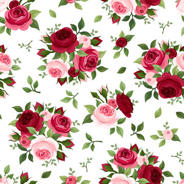 Seamless pattern with red and pink roses. Vector illustration.