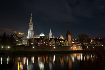 Fototapeta na wymiar Skyline of German City Ulm with Cathedral (Münster) at night
