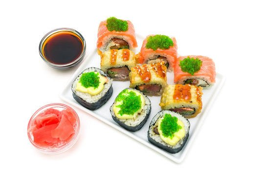 Japanese rolls of different types on a white background