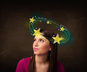 girl with yellow stars circleing around her head illustration