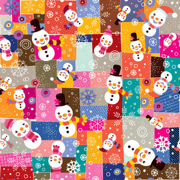 Christmas snowman & snowflakes collage pattern