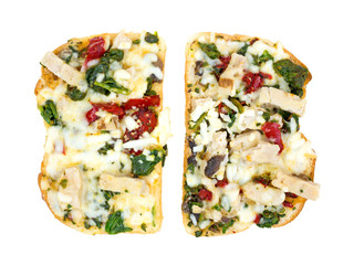 Two halves of a chicken sandwich on white background