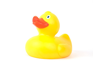 Badeente von der Seite auf weiß isoliert