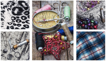 collage with sewing supplies and samples of fabric