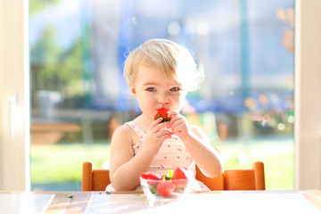 Cute toddler girl in summer dress eating strawberries 