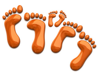 Orange footprints of family on white background