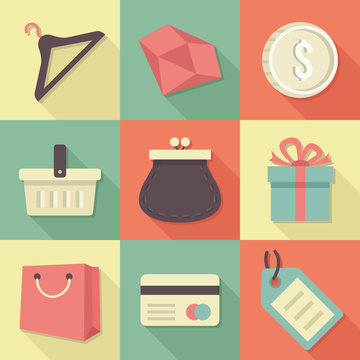 Vector Vintage Shopping Flat Icons Set
