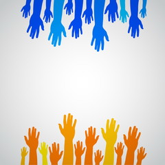 Colorful orange and blue up hands, vector illustration