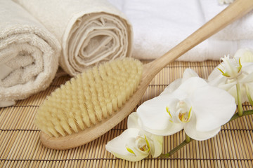 Wellness - Massagebürste, Frottee-Handtücher und Orchidee