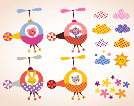 cute animals in helicopters kids design elements set