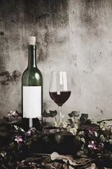 Fotobehang Eetkamer Still life of red wine bottle and wine glass with acoustic guita  © kromkrathog
