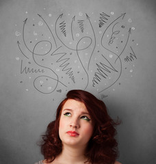 Young woman thinking with arrows over her head
