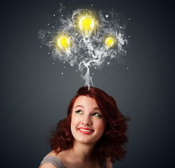 Thoughtful woman with smoke and lightbulbs above her head