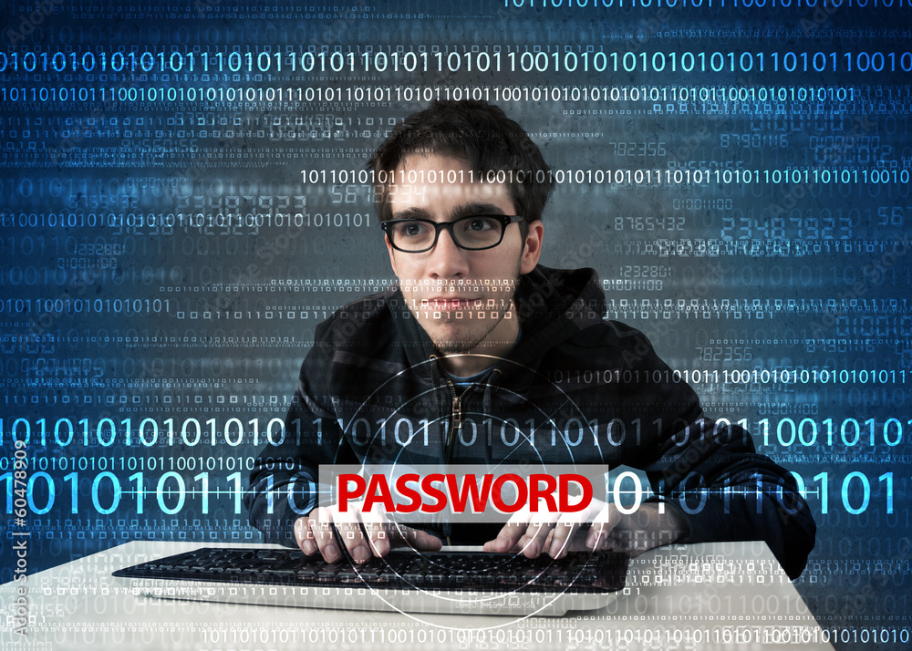 Fototapete young geek hacker stealing password
